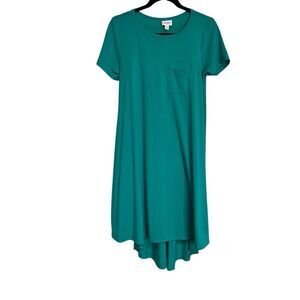LulaRoe Dress Womens Size XS Teal Carly Swing Midi Hi-Low Short Sleeve Pocket